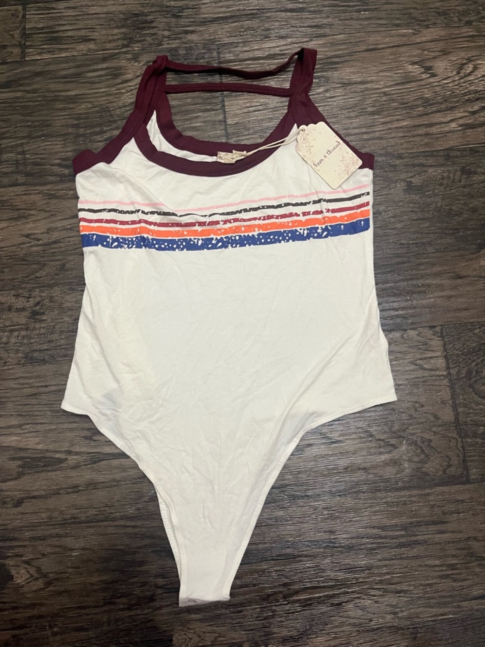 Hem & Thread White Bodysuit with Burgundy Trim and Blue & Orange Stripes